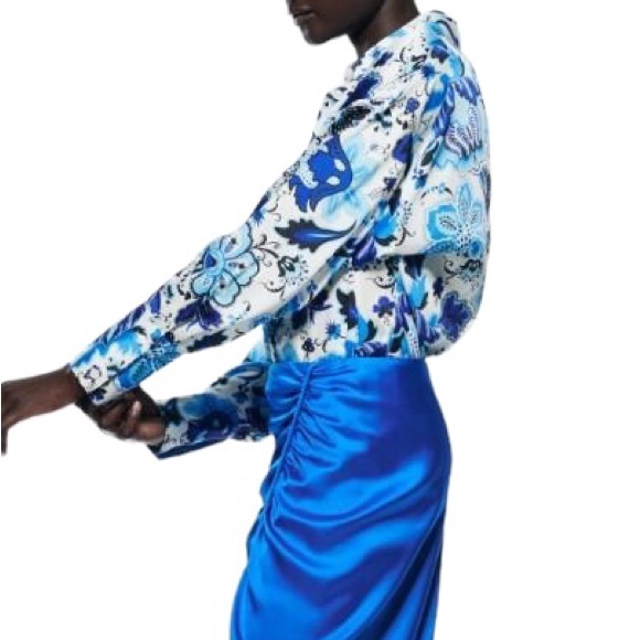 NWT Zara Navy Aqua Blue & White Floral Satin Button Down Blouse - L - Picture 4 of 16